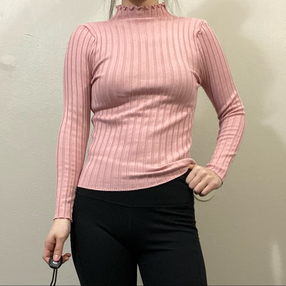 Stretchy ribbed pink mock neck long sleeve shirt